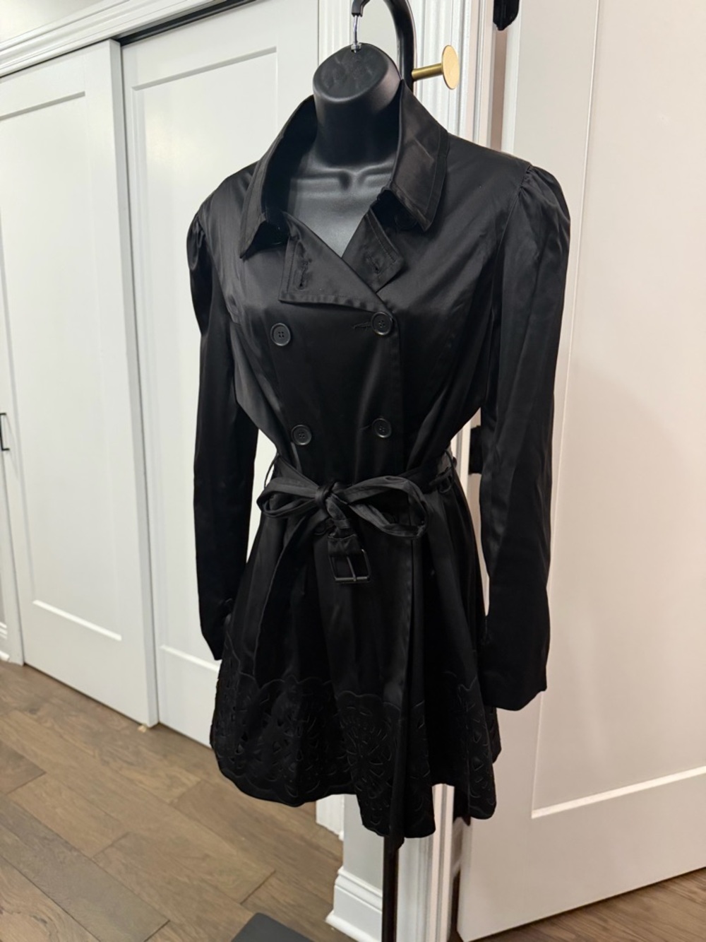 Bebe Black Trench Coat Large Belted Double Breasted Satin Sheen Jacket